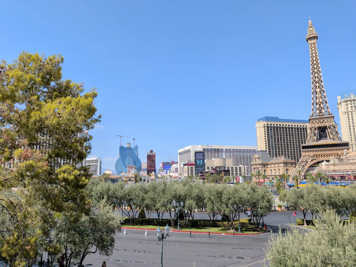 A view from the Bellagio staring toward the new Hard Rock hotel in the shape of a guitar
